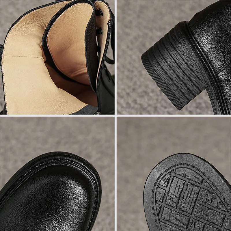 Full Grain Leather Combat Boots Lace Up Block Heel Martin Boots with Double Buckles in Black/Brown