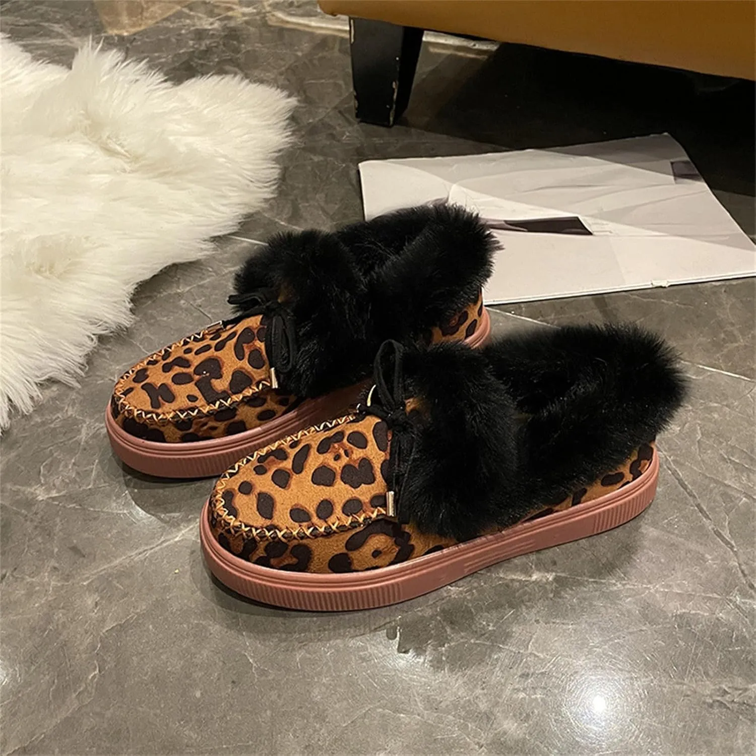 Ladmiple Snow Boots For Women Cute Wide Calf Winter Warm Ankle Booties Fur Lined Anti-Slip Outdoor Slip On Comfortable Shoes