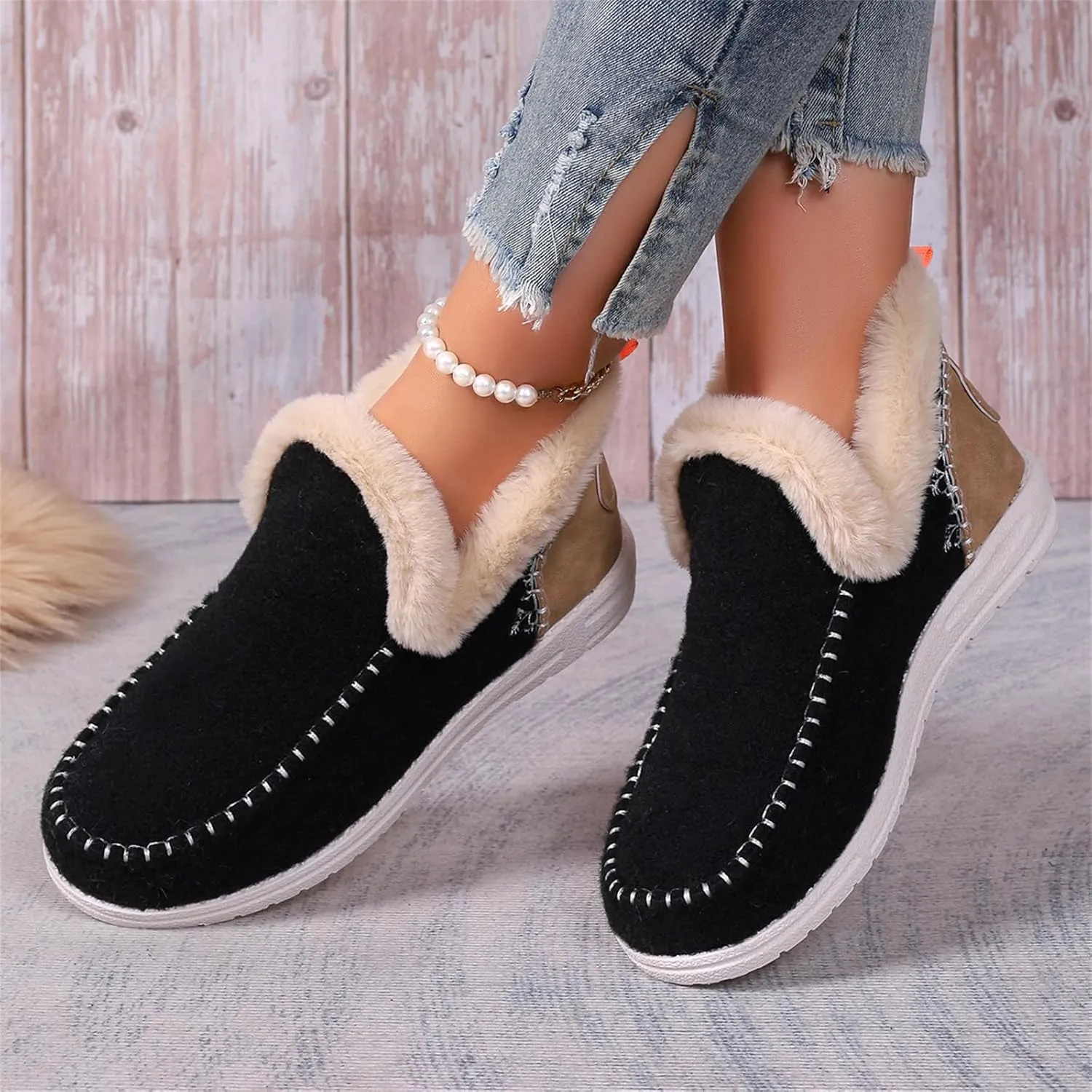 Lausiuoe Boots For Women Ankle Booties Warm Fur Lined Winter Snow Boots Outdoor Short Booties Casual Fashion Loafers Shoes