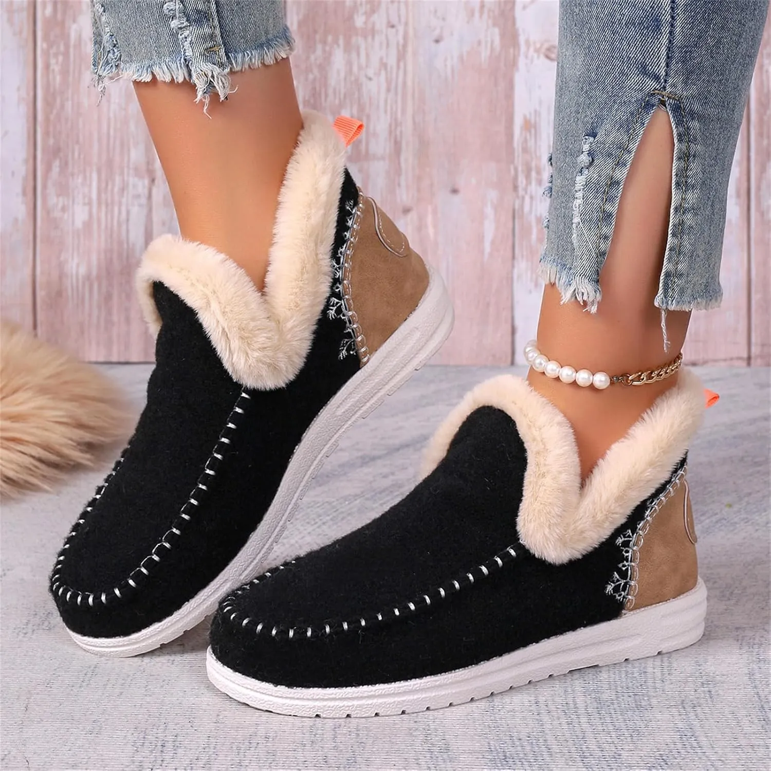 Lausiuoe Boots For Women Ankle Booties Warm Fur Lined Winter Snow Boots Outdoor Short Booties Casual Fashion Loafers Shoes