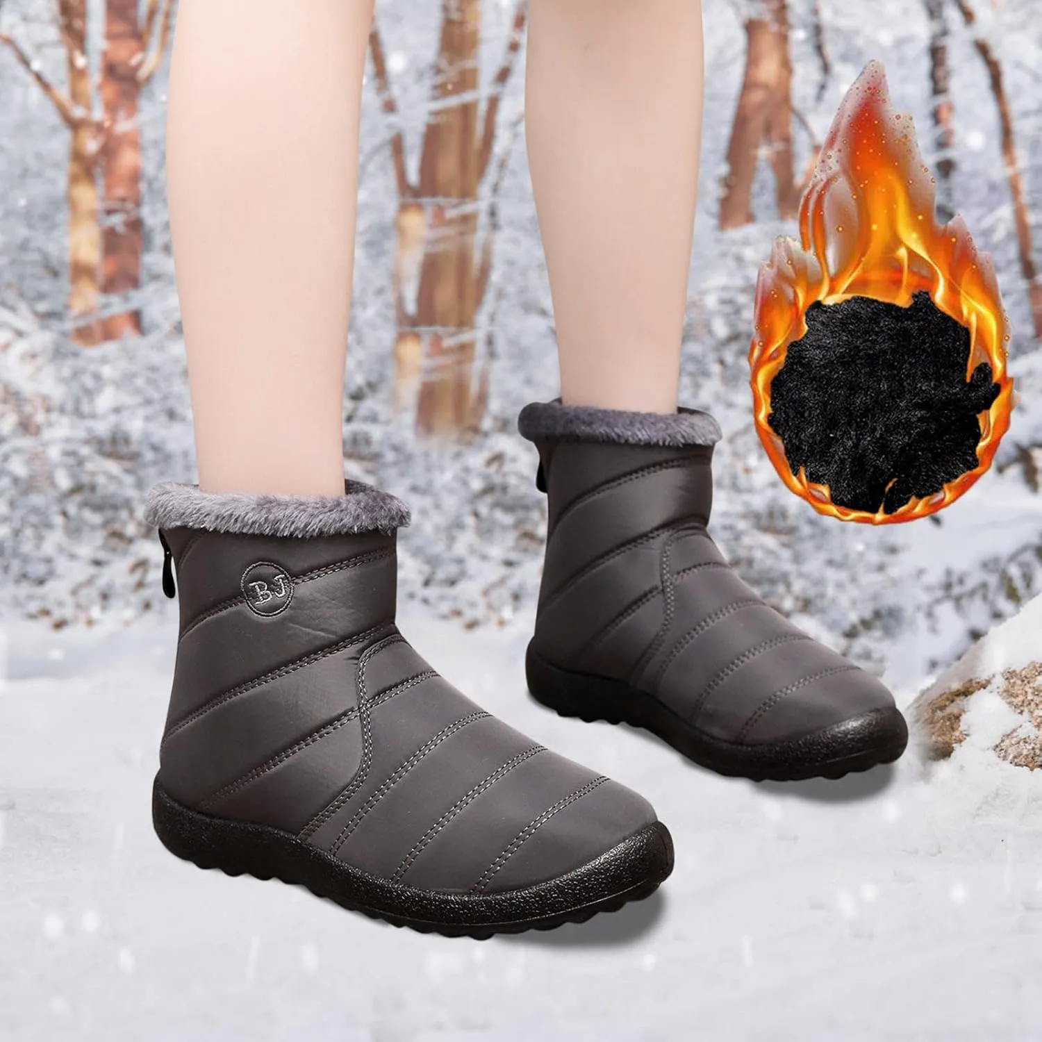 Snow Boots Women Winter Ankle Boots for Women Warm Fur Lined Winter Shoes Water Resistant Non-Slip Outdoor Booties Ladies Thickening Shoes Fashion Classic Zip Flat Sneakers Comfortable Shoes