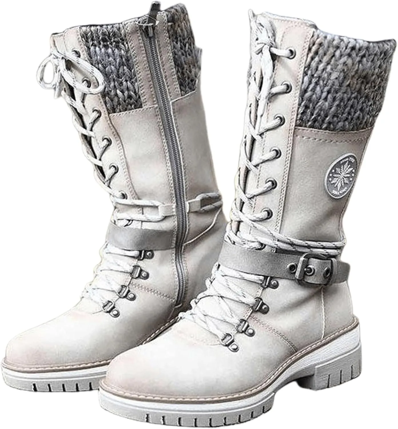 Winter Boots For Women Fashion 2022 Lace up Mid Calf Military Combat Boots Side Zipper Low Heel Platform Walking Shoes