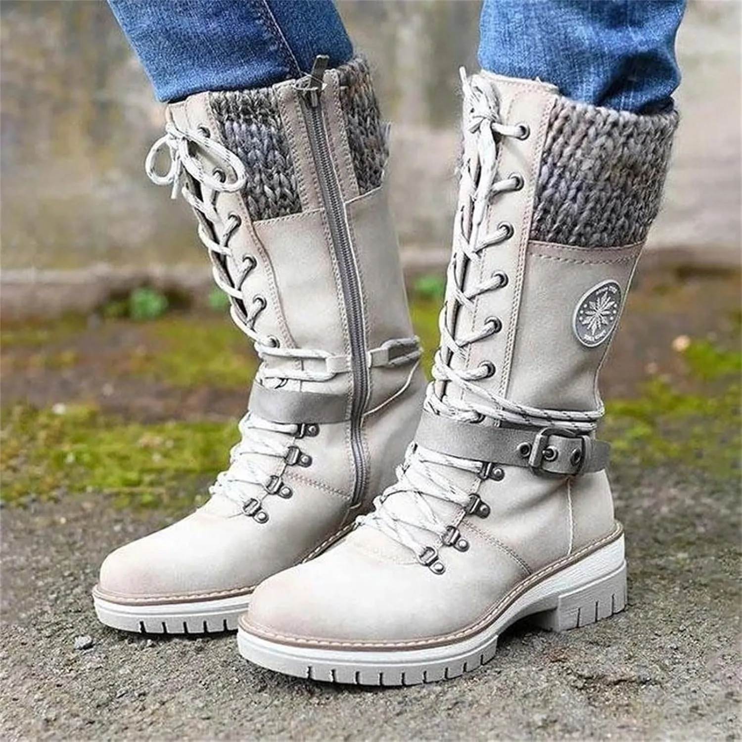 Winter Boots For Women Fashion 2022 Lace up Mid Calf Military Combat Boots Side Zipper Low Heel Platform Walking Shoes